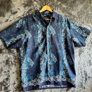 Extreme Gear Shirt Mens M Blue Hawaiian Tribal Button Up Camp Made Korea Vtg